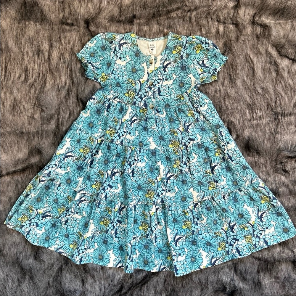 NWT Kate Quinn Short Puff Sleeve Prairie Dress Aqua 70s Daisy Organic Cotton 3T